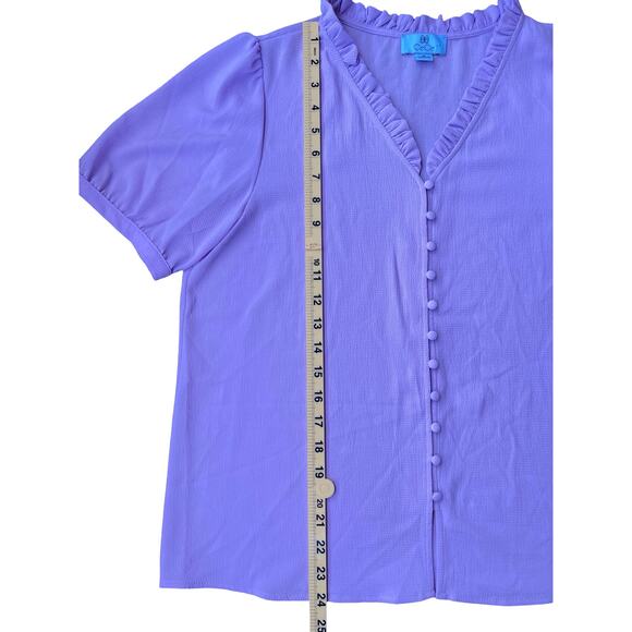 CeCe Ruffle V Neck Button Front Blouse Short Sleeve Purple Top - Medium - Picture 7 of 11